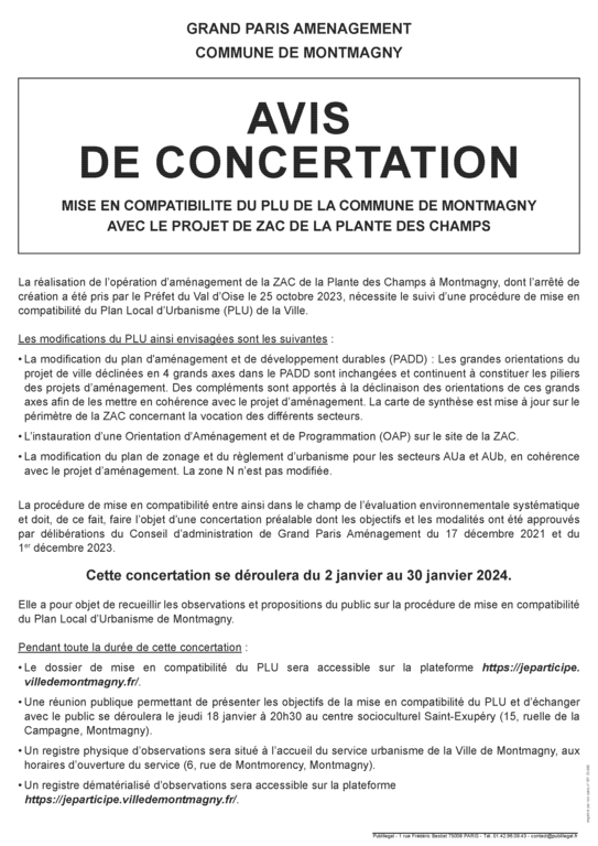 Avis de concertation Mise en compatibilité du PLU avec le projet de ZAC de la Plante des Champs