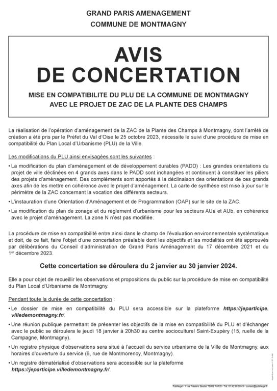 Avis de concertation mise en compatibilité du PLU avec le projet de ZAC de la Plante des Champs